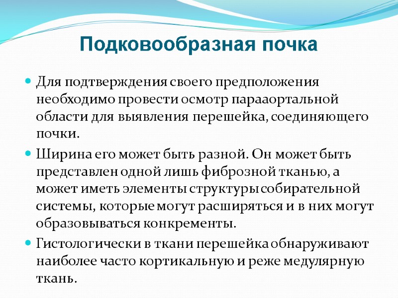 Подковообразная почка Для подтверждения своего предположения необходимо провести осмотр парааортальной области для выявления перешейка,